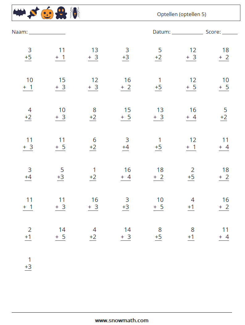 (50) Optellen (optellen 5) Wiskundige werkbladen 3