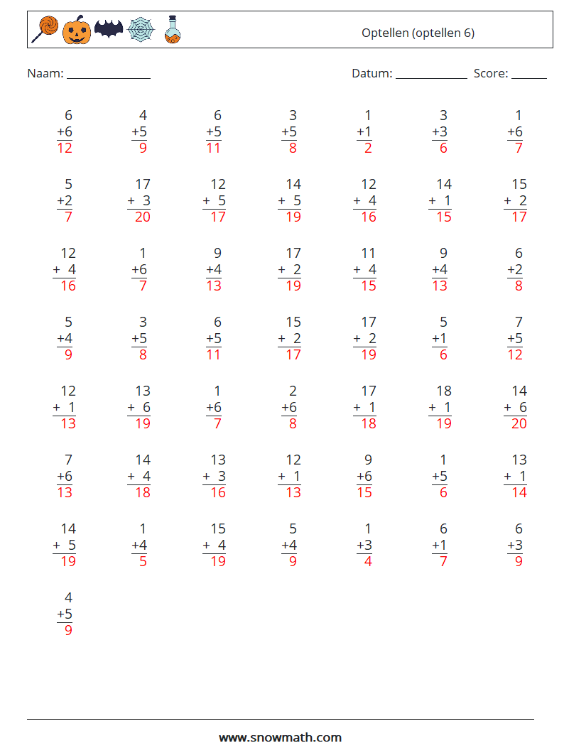 (50) Optellen (optellen 6) Wiskundige werkbladen 11 Vraag, Antwoord