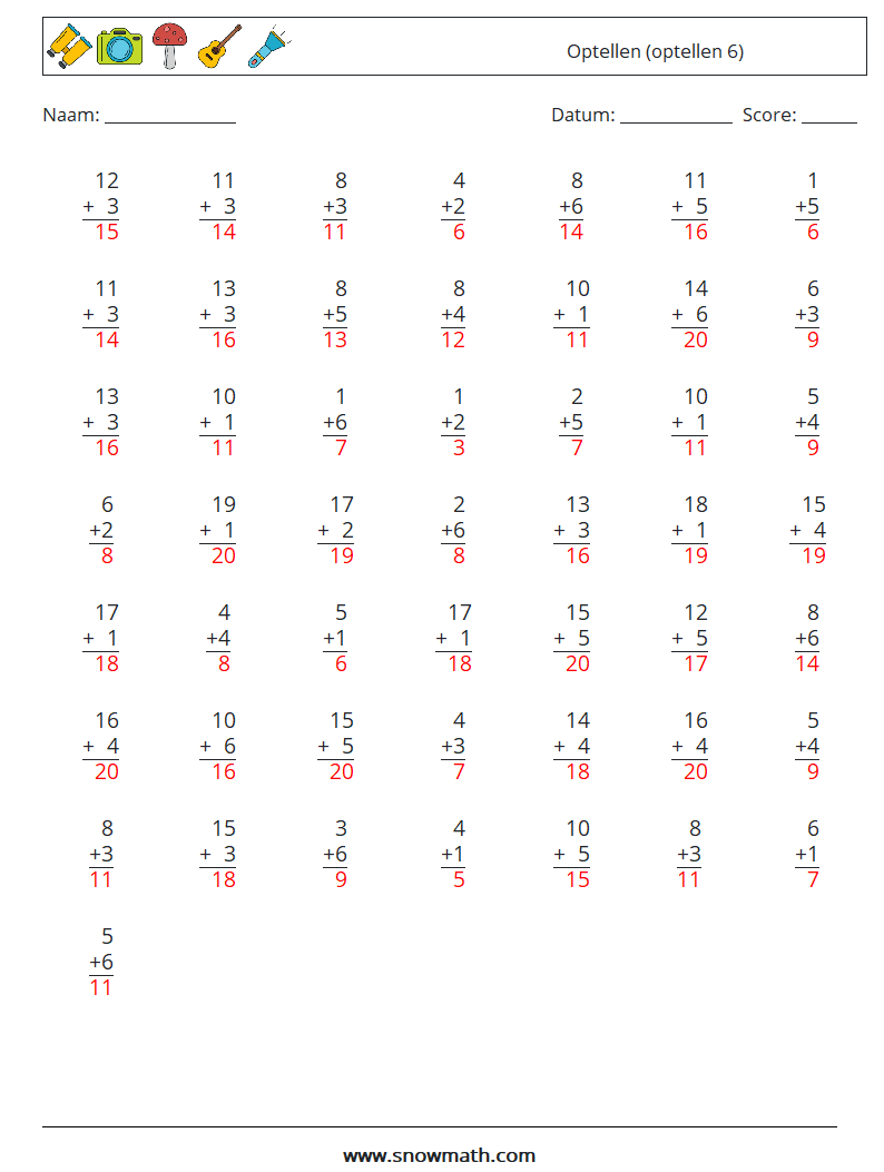 (50) Optellen (optellen 6) Wiskundige werkbladen 16 Vraag, Antwoord