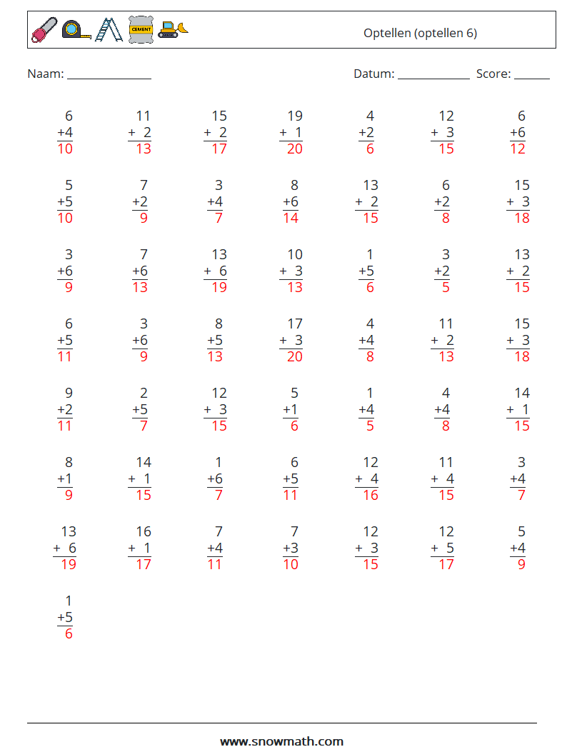 (50) Optellen (optellen 6) Wiskundige werkbladen 17 Vraag, Antwoord