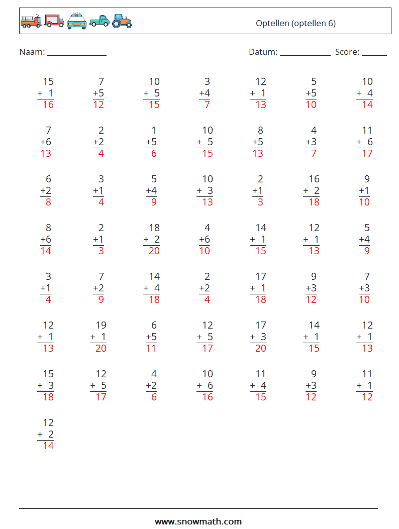 (50) Optellen (optellen 6) Wiskundige werkbladen 18 Vraag, Antwoord