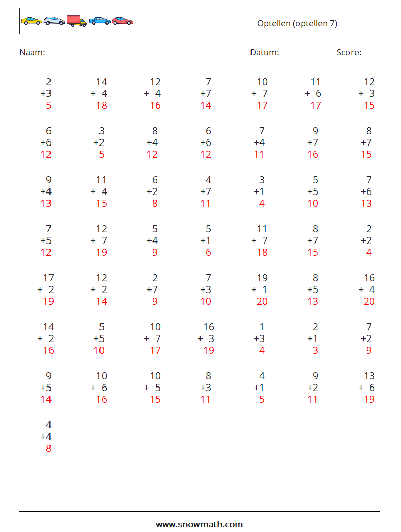 (50) Optellen (optellen 7) Wiskundige werkbladen 12 Vraag, Antwoord