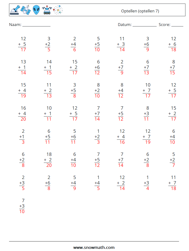 (50) Optellen (optellen 7) Wiskundige werkbladen 14 Vraag, Antwoord