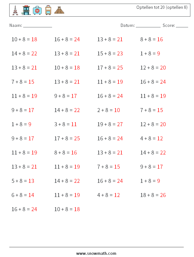 (50) Optellen tot 20 (optellen 8) Wiskundige werkbladen 1 Vraag, Antwoord