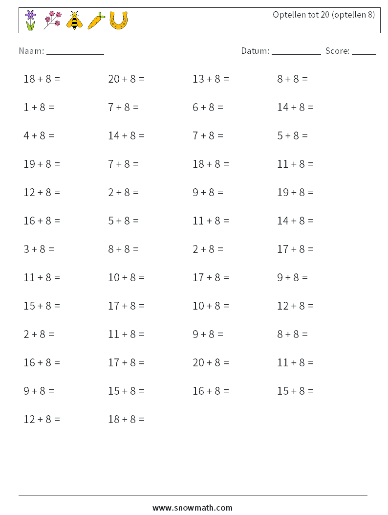 (50) Optellen tot 20 (optellen 8) Wiskundige werkbladen 2