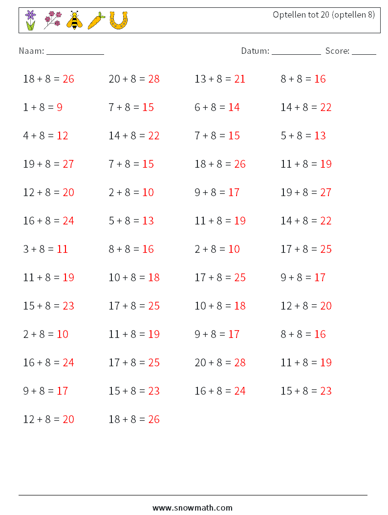 (50) Optellen tot 20 (optellen 8) Wiskundige werkbladen 2 Vraag, Antwoord