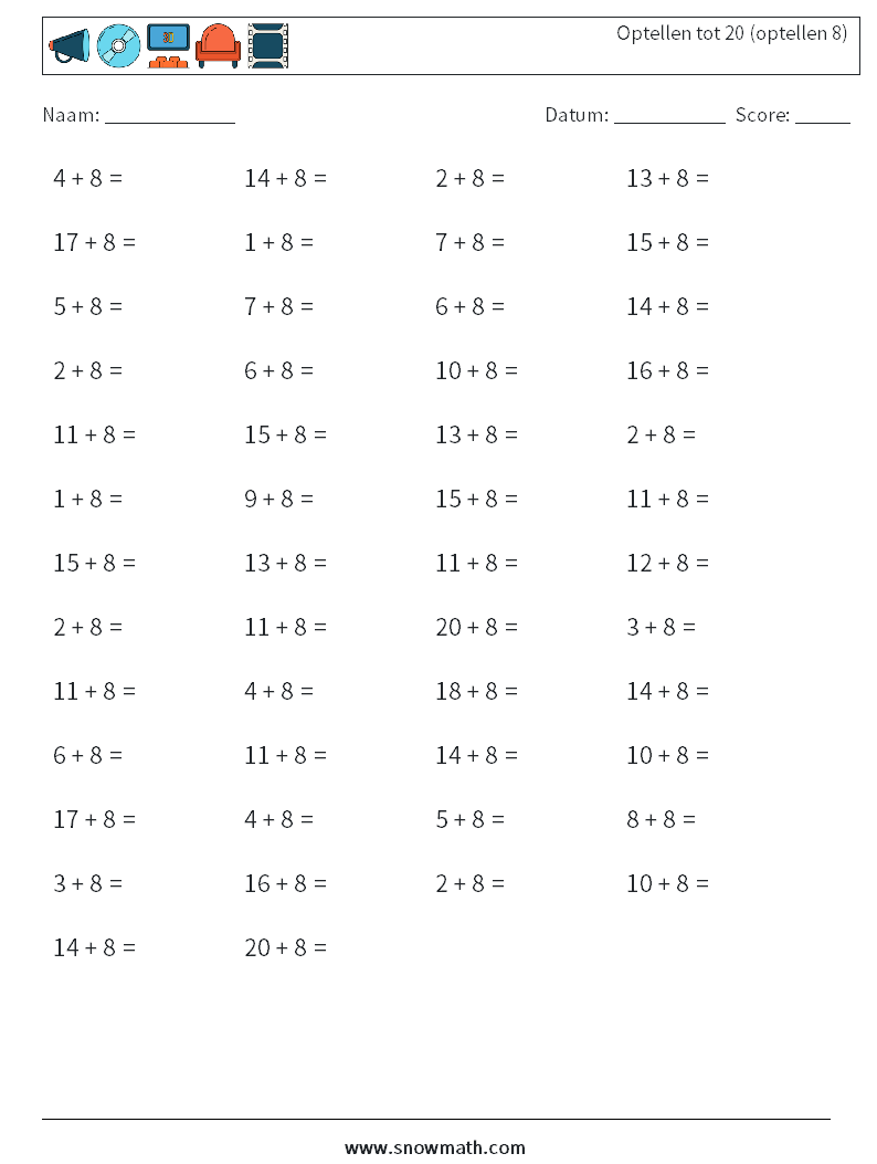 (50) Optellen tot 20 (optellen 8) Wiskundige werkbladen 3