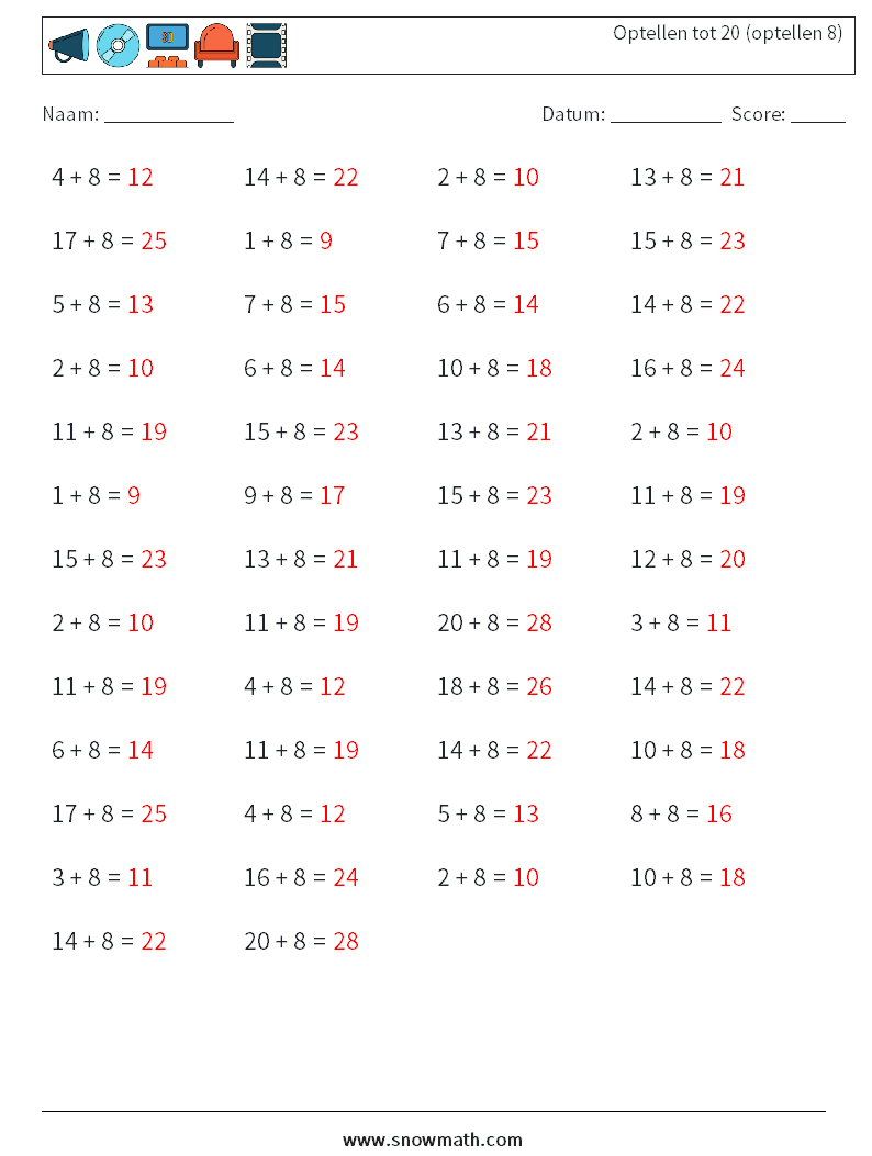 (50) Optellen tot 20 (optellen 8) Wiskundige werkbladen 3 Vraag, Antwoord