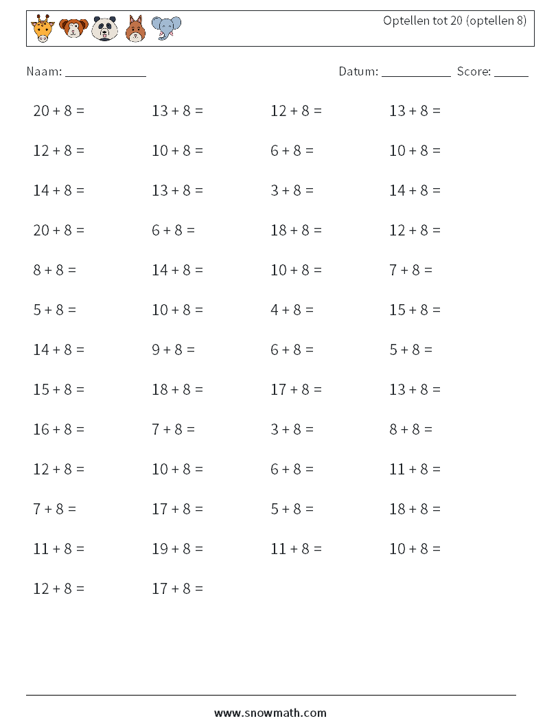 (50) Optellen tot 20 (optellen 8) Wiskundige werkbladen 4