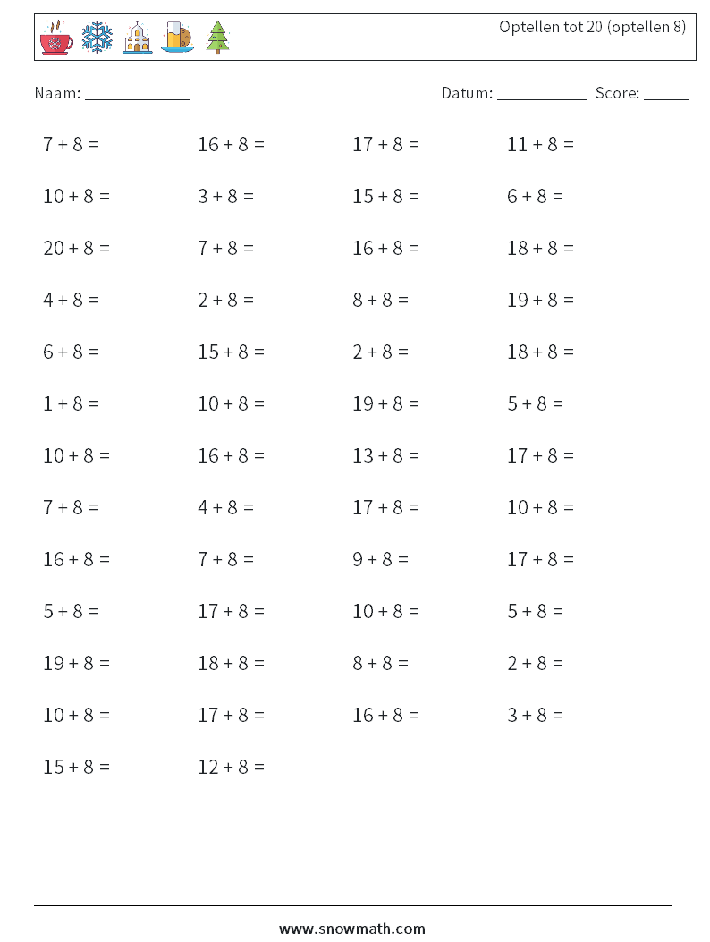 (50) Optellen tot 20 (optellen 8) Wiskundige werkbladen 5