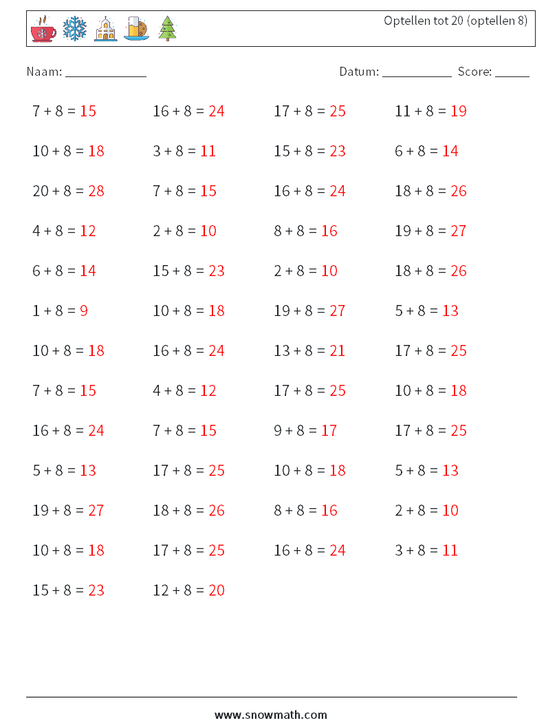 (50) Optellen tot 20 (optellen 8) Wiskundige werkbladen 5 Vraag, Antwoord