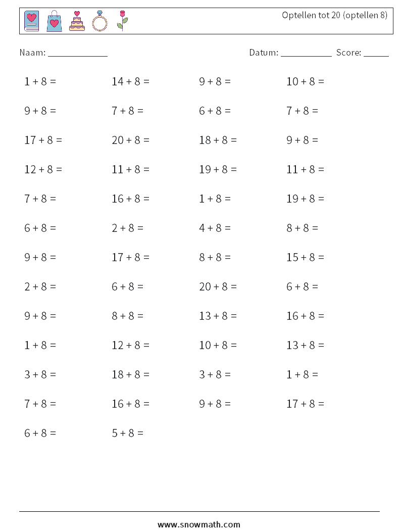 (50) Optellen tot 20 (optellen 8) Wiskundige werkbladen 6