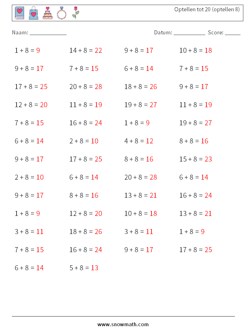 (50) Optellen tot 20 (optellen 8) Wiskundige werkbladen 6 Vraag, Antwoord