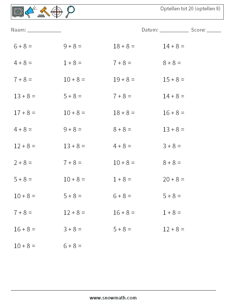 (50) Optellen tot 20 (optellen 8) Wiskundige werkbladen 7