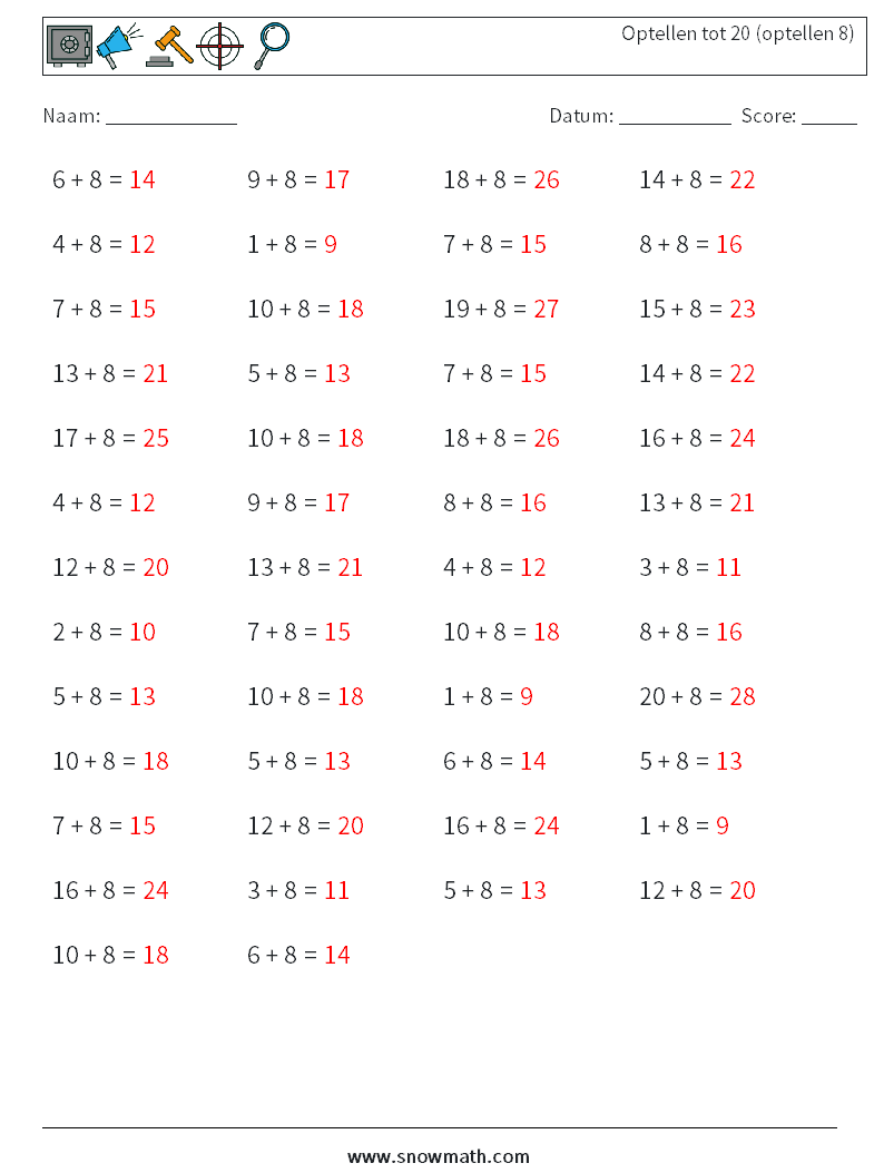 (50) Optellen tot 20 (optellen 8) Wiskundige werkbladen 7 Vraag, Antwoord