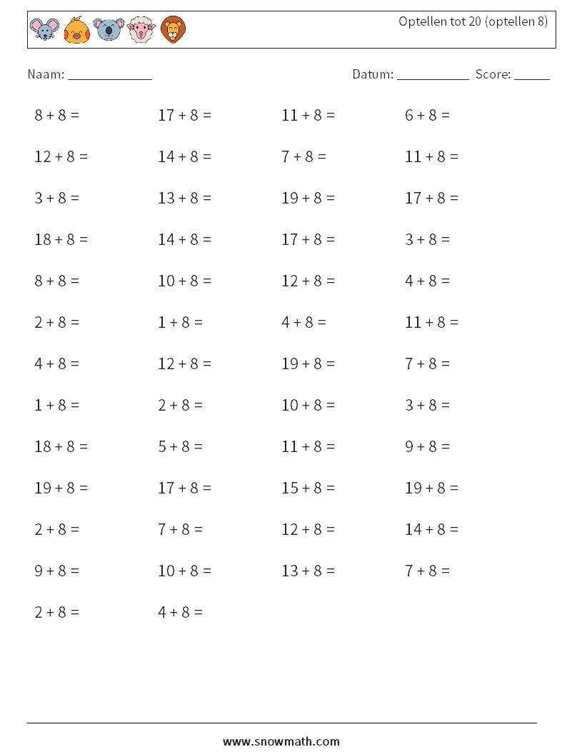 (50) Optellen tot 20 (optellen 8) Wiskundige werkbladen 9