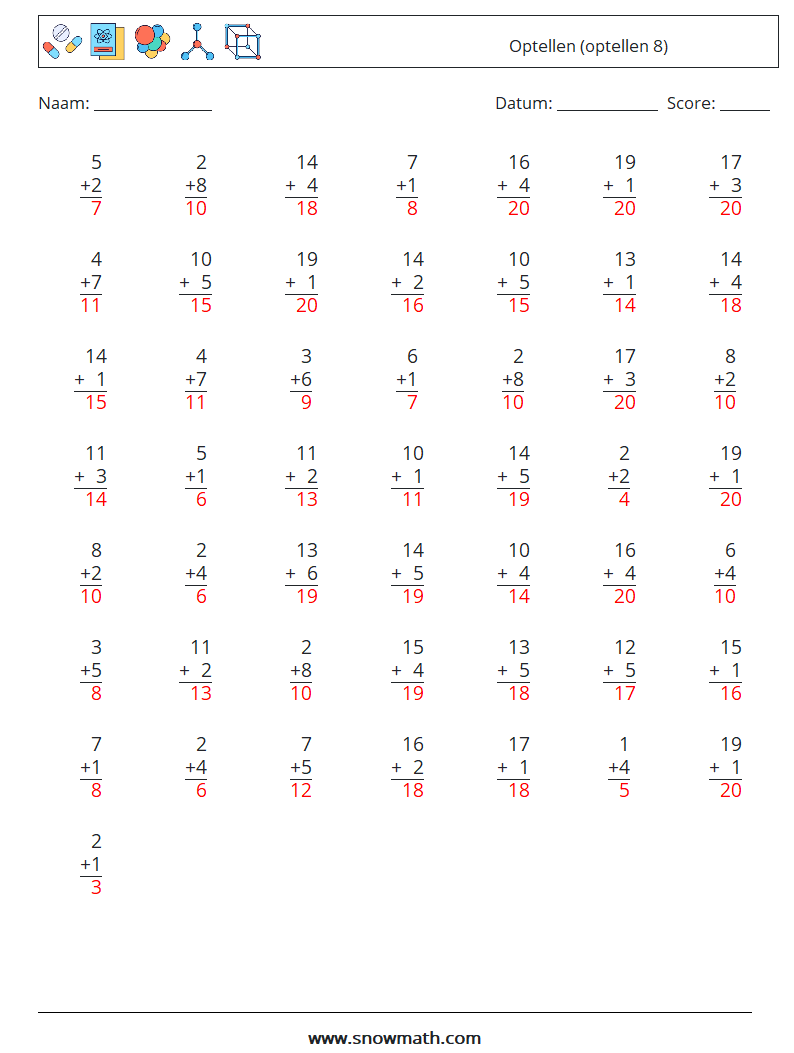 (50) Optellen (optellen 8) Wiskundige werkbladen 10 Vraag, Antwoord