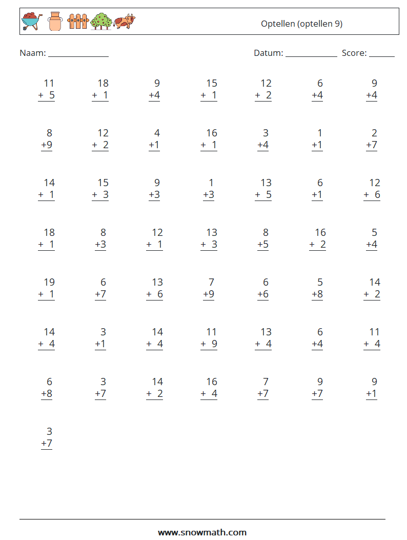 (50) Optellen (optellen 9) Wiskundige werkbladen 10