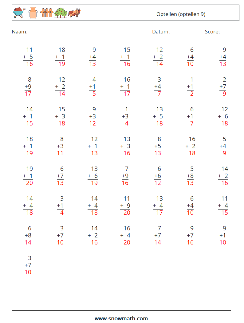 (50) Optellen (optellen 9) Wiskundige werkbladen 10 Vraag, Antwoord