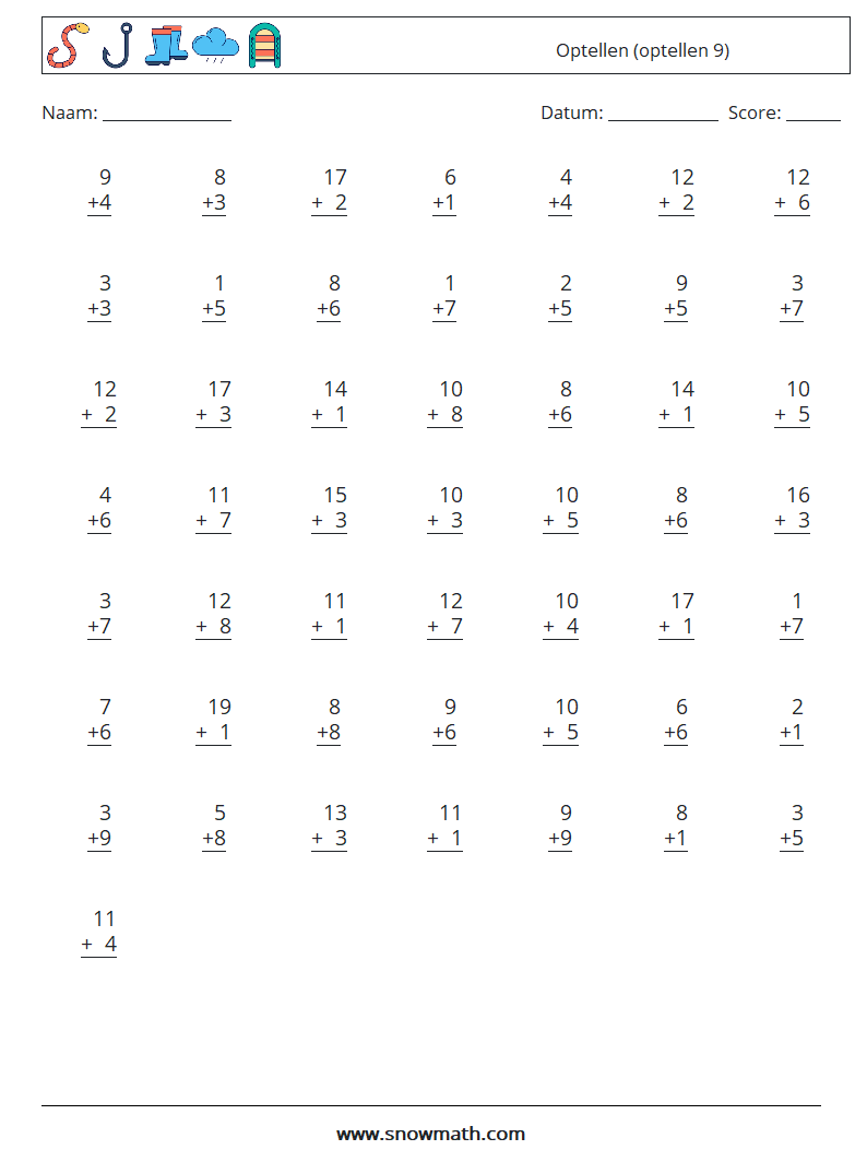 (50) Optellen (optellen 9) Wiskundige werkbladen 16