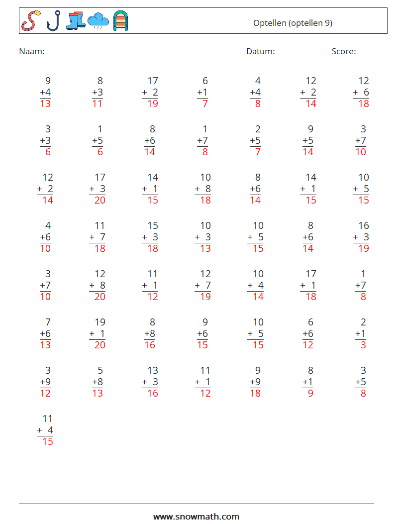 (50) Optellen (optellen 9) Wiskundige werkbladen 16 Vraag, Antwoord