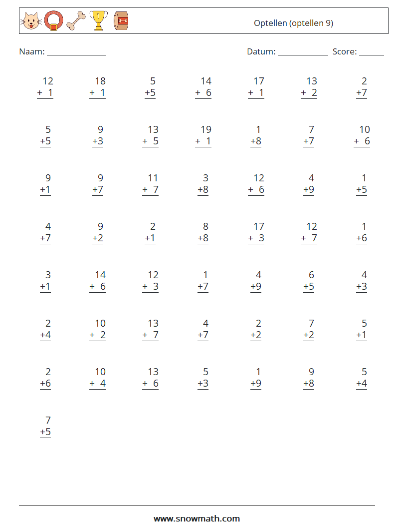 (50) Optellen (optellen 9) Wiskundige werkbladen 17