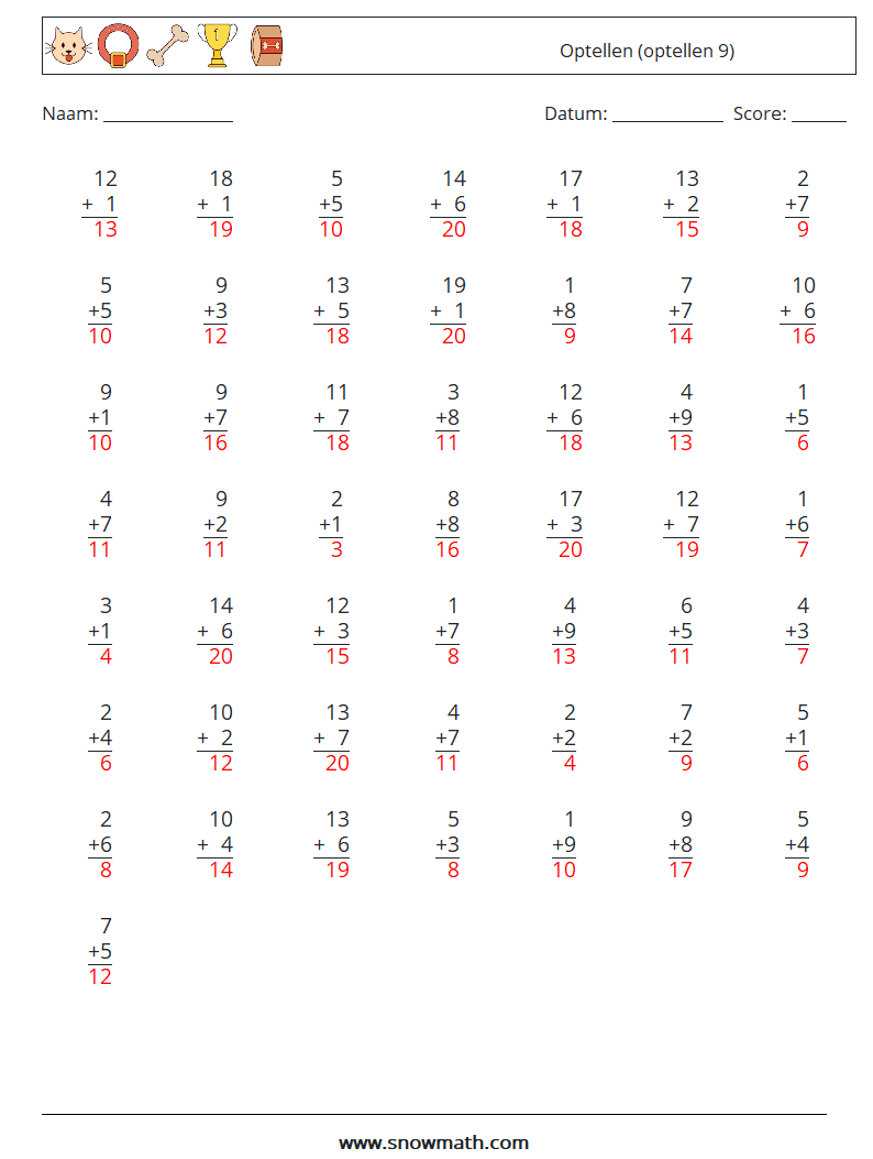 (50) Optellen (optellen 9) Wiskundige werkbladen 17 Vraag, Antwoord