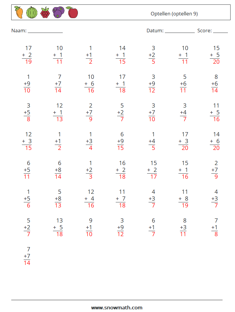 (50) Optellen (optellen 9) Wiskundige werkbladen 18 Vraag, Antwoord