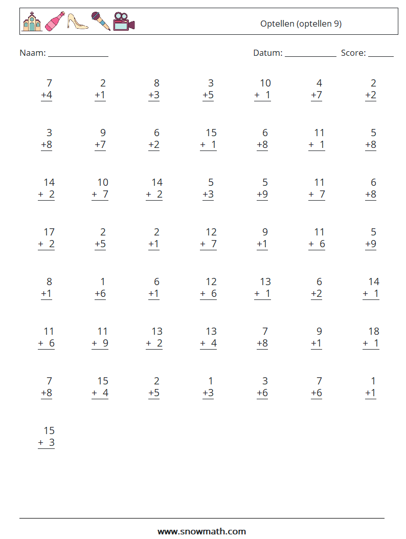 (50) Optellen (optellen 9) Wiskundige werkbladen 6