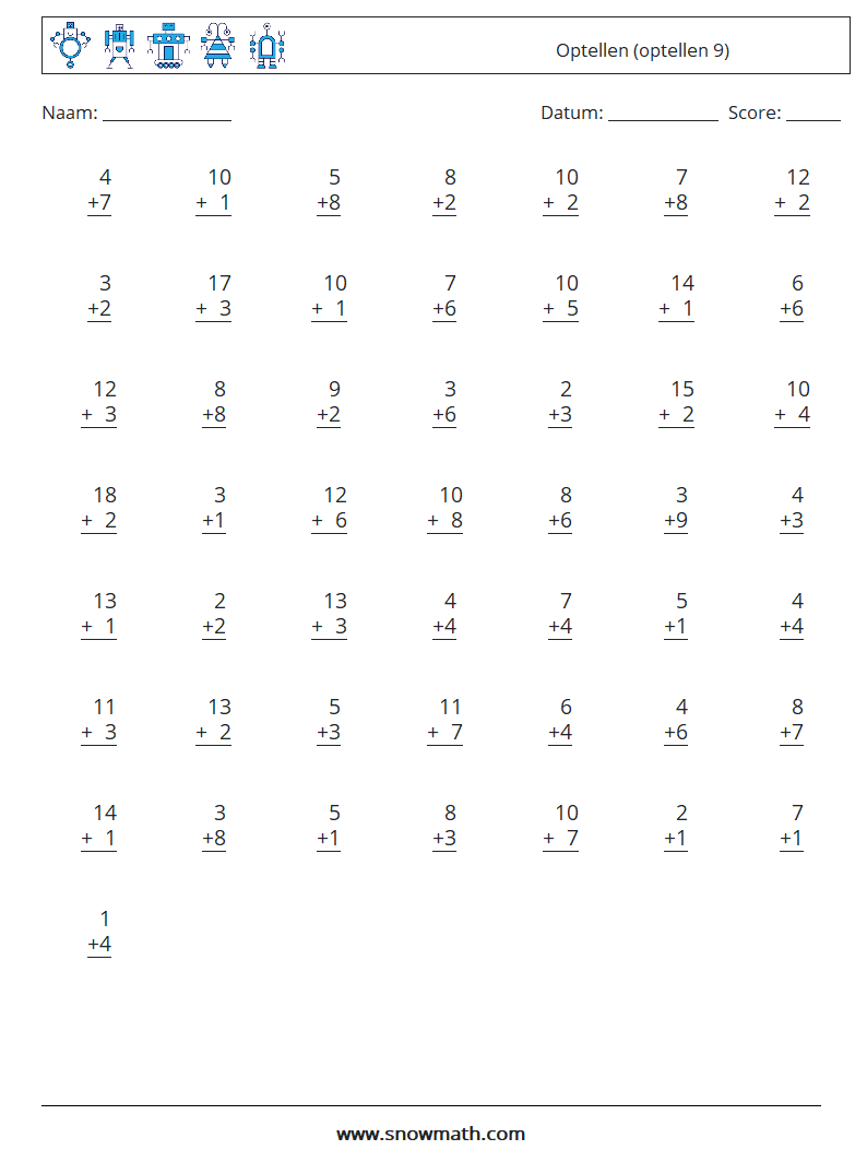 (50) Optellen (optellen 9) Wiskundige werkbladen 7