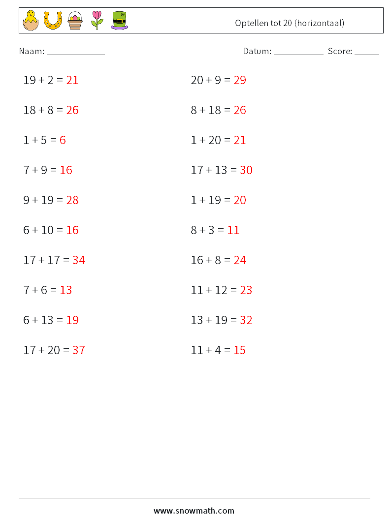 (20) Optellen tot 20 (horizontaal) Wiskundige werkbladen 1 Vraag, Antwoord