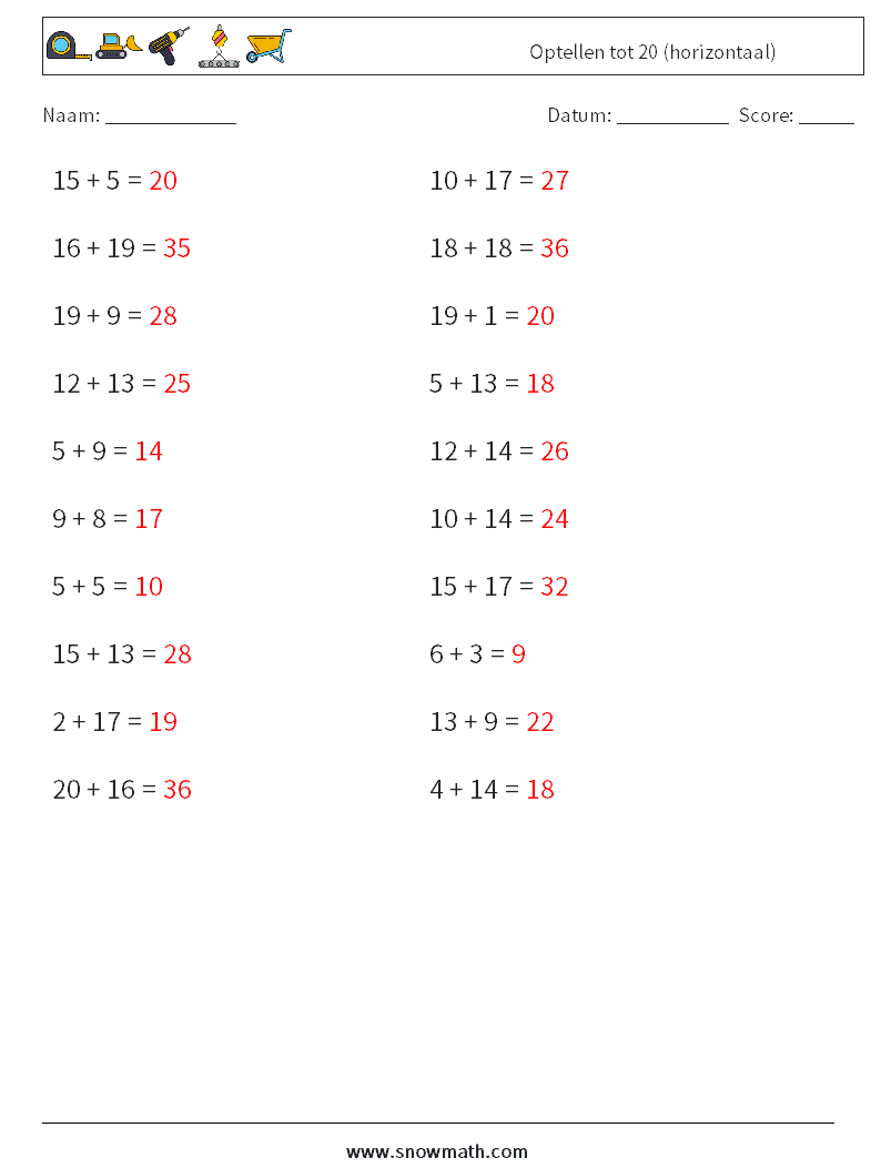 (20) Optellen tot 20 (horizontaal) Wiskundige werkbladen 2 Vraag, Antwoord
