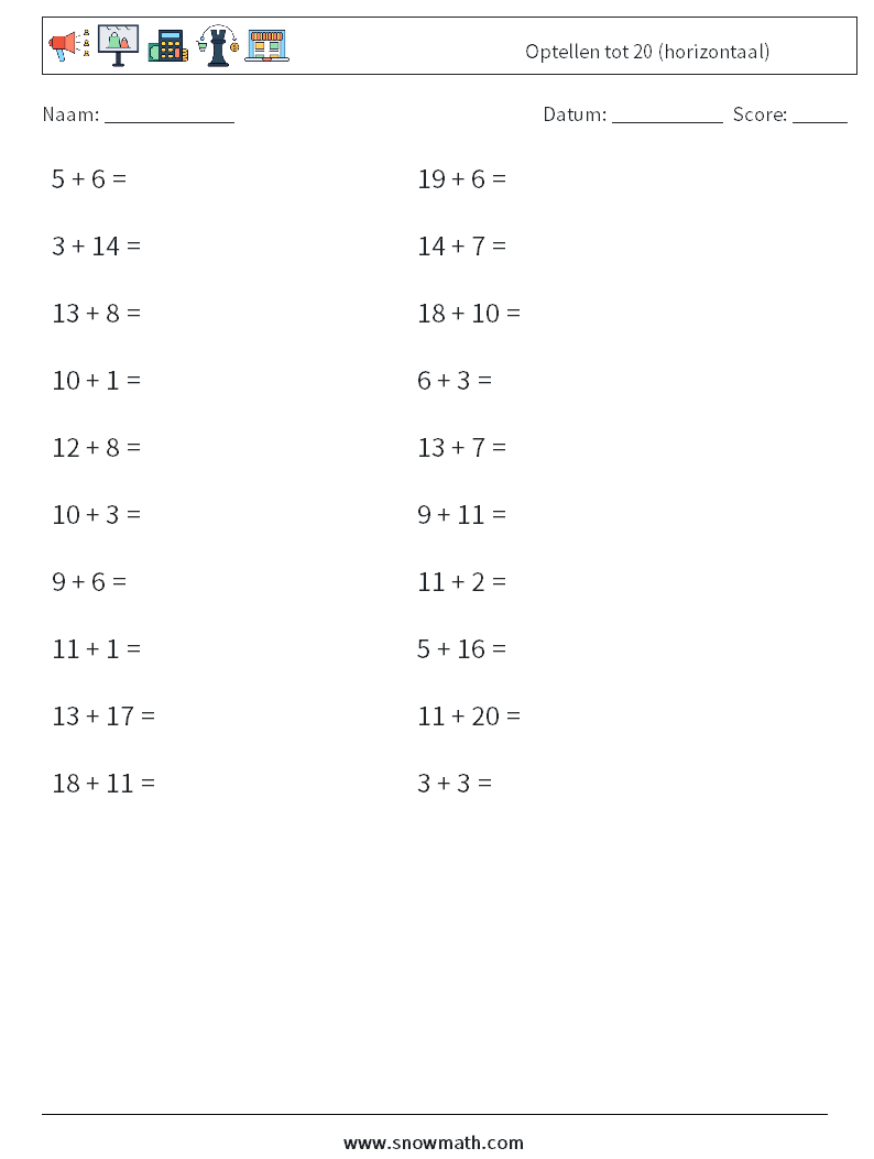 (20) Optellen tot 20 (horizontaal) Wiskundige werkbladen 3