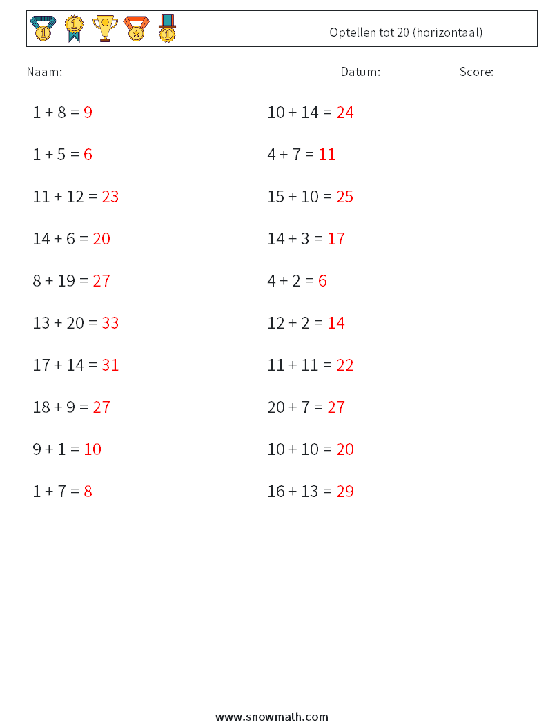 (20) Optellen tot 20 (horizontaal) Wiskundige werkbladen 4 Vraag, Antwoord
