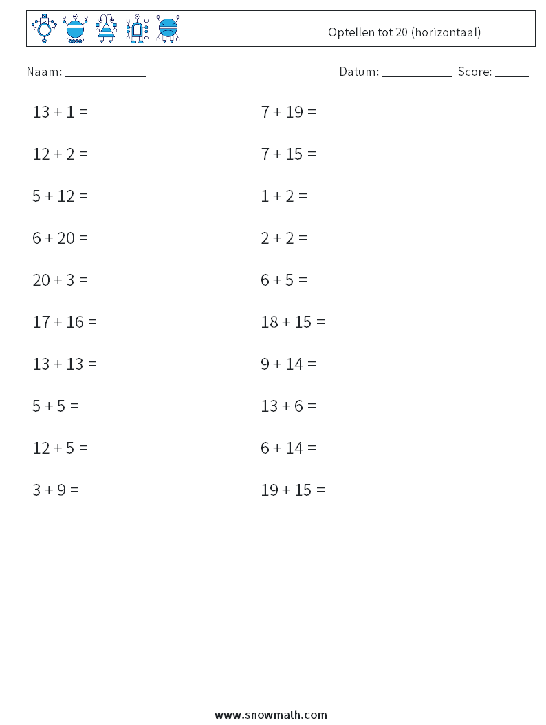 (20) Optellen tot 20 (horizontaal) Wiskundige werkbladen 5