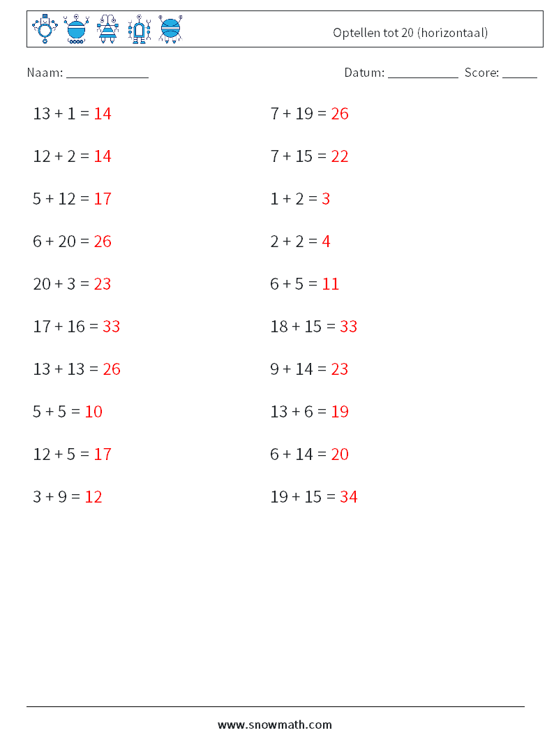 (20) Optellen tot 20 (horizontaal) Wiskundige werkbladen 5 Vraag, Antwoord