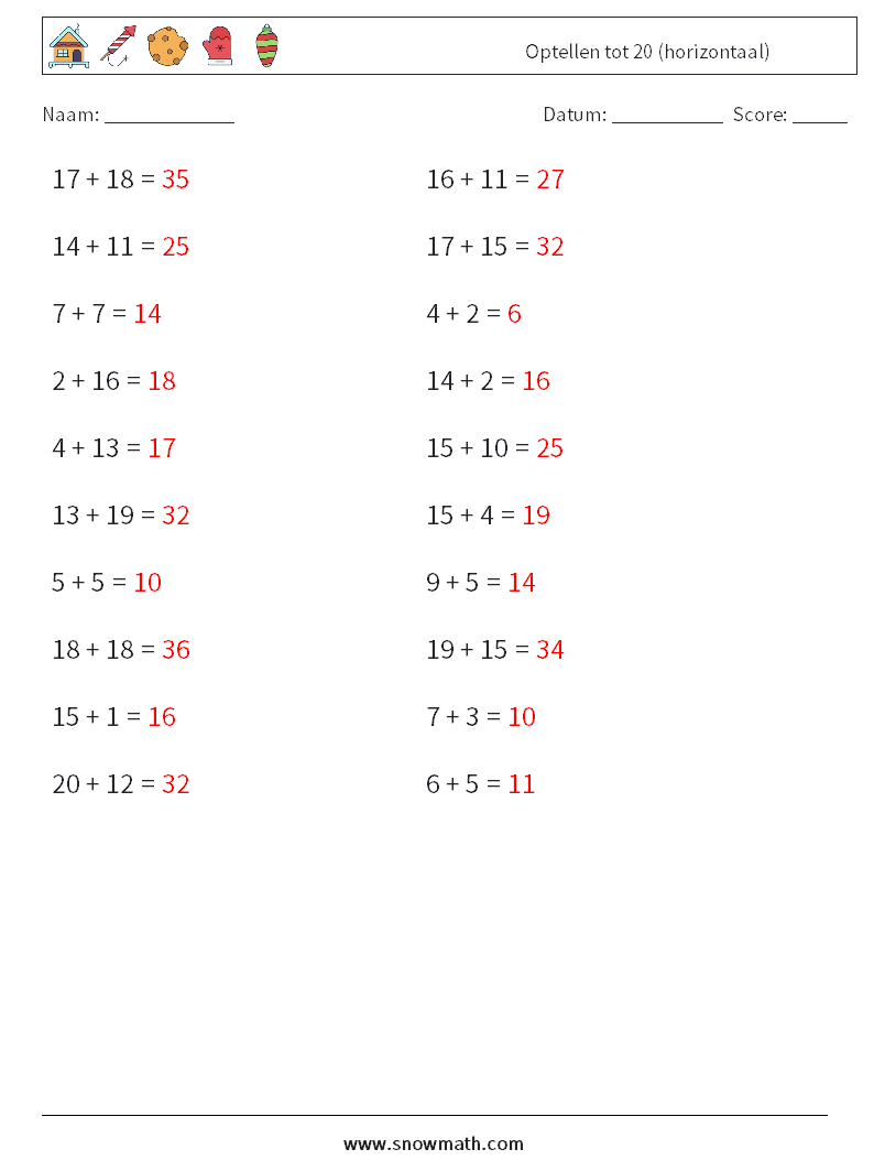 (20) Optellen tot 20 (horizontaal) Wiskundige werkbladen 6 Vraag, Antwoord