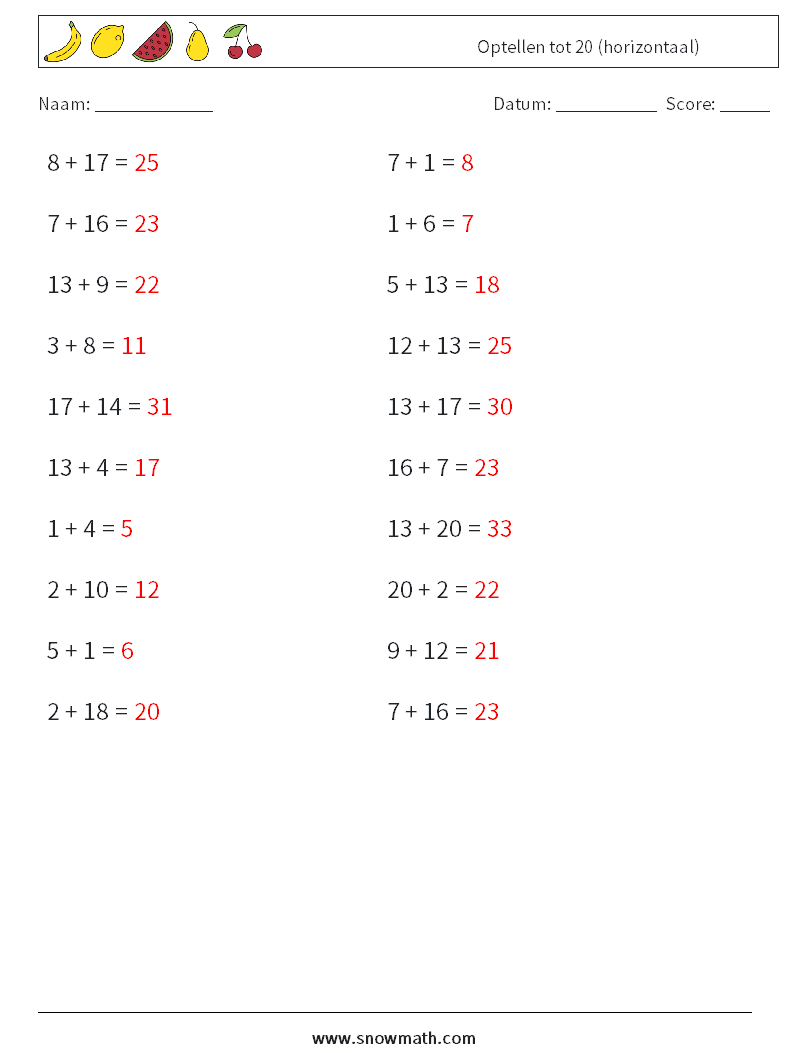 (20) Optellen tot 20 (horizontaal) Wiskundige werkbladen 7 Vraag, Antwoord
