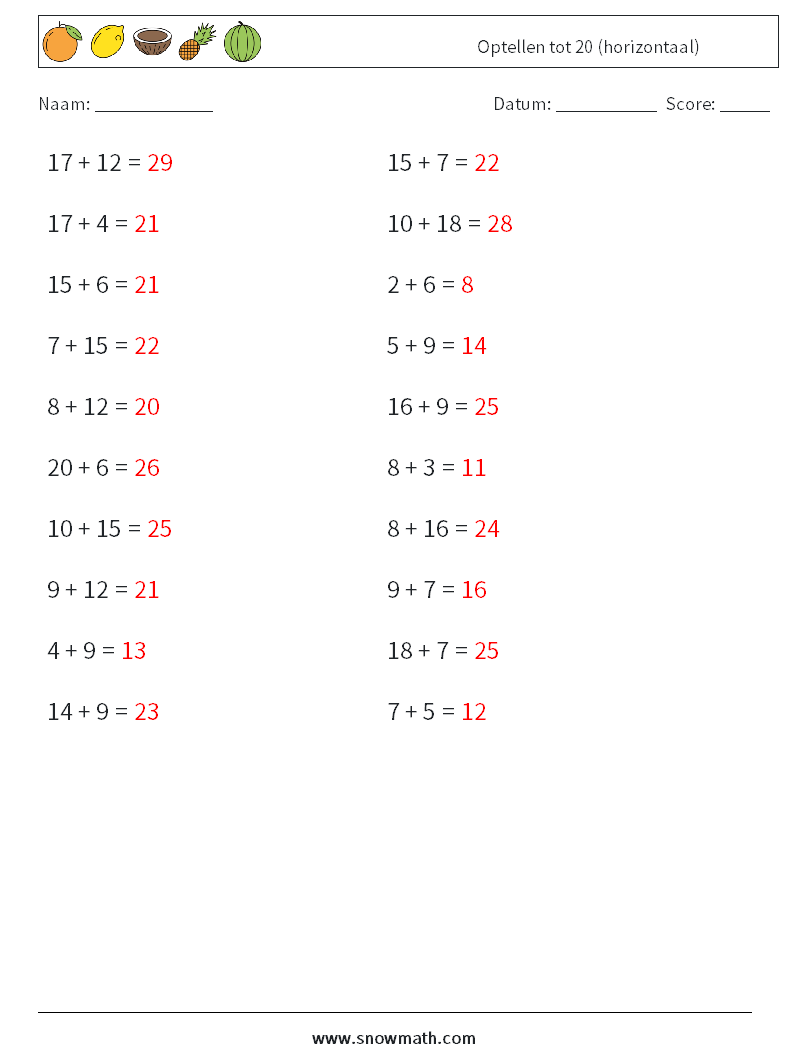 (20) Optellen tot 20 (horizontaal) Wiskundige werkbladen 9 Vraag, Antwoord