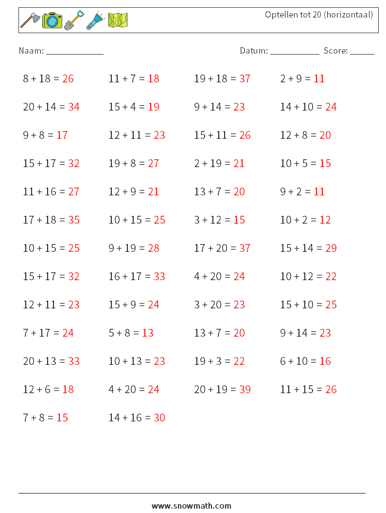 (50) Optellen tot 20 (horizontaal) Wiskundige werkbladen 1 Vraag, Antwoord