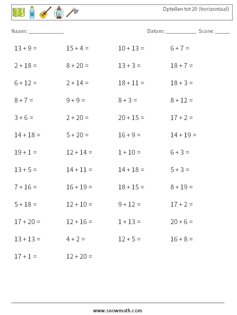 (50) Optellen tot 20 (horizontaal) Wiskundige werkbladen 2