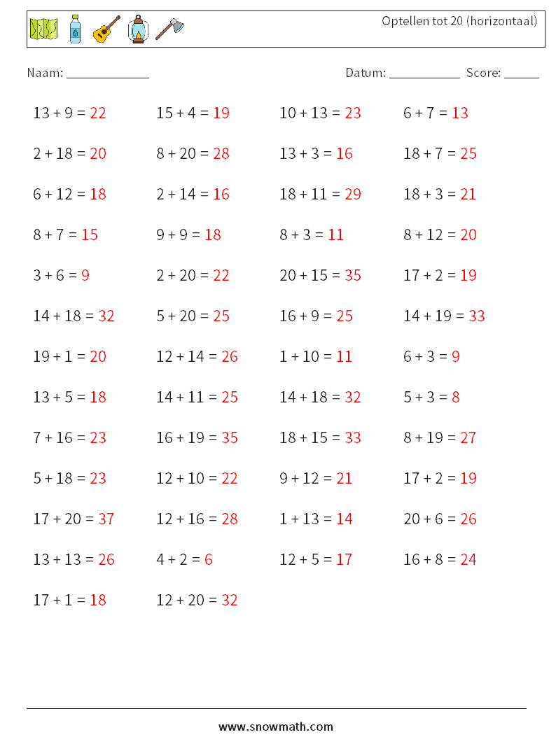 (50) Optellen tot 20 (horizontaal) Wiskundige werkbladen 2 Vraag, Antwoord