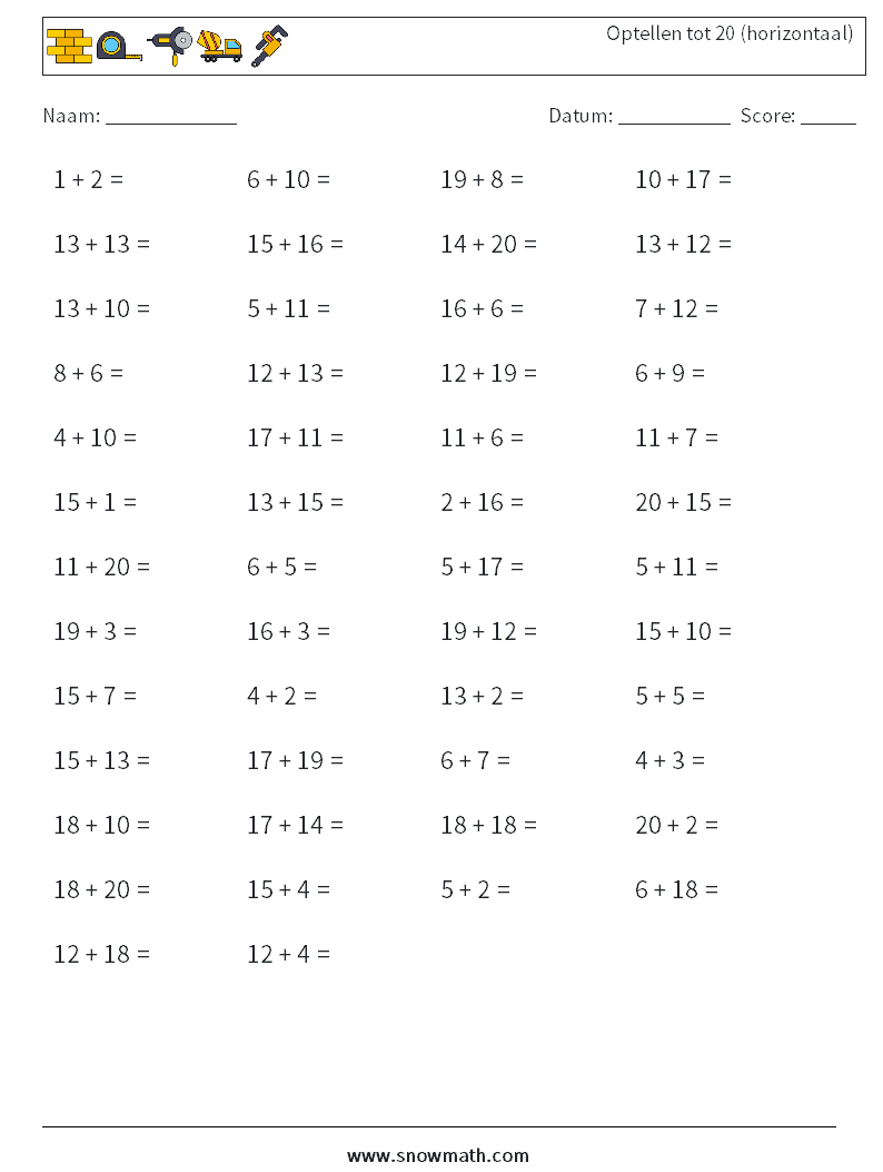 (50) Optellen tot 20 (horizontaal) Wiskundige werkbladen 3