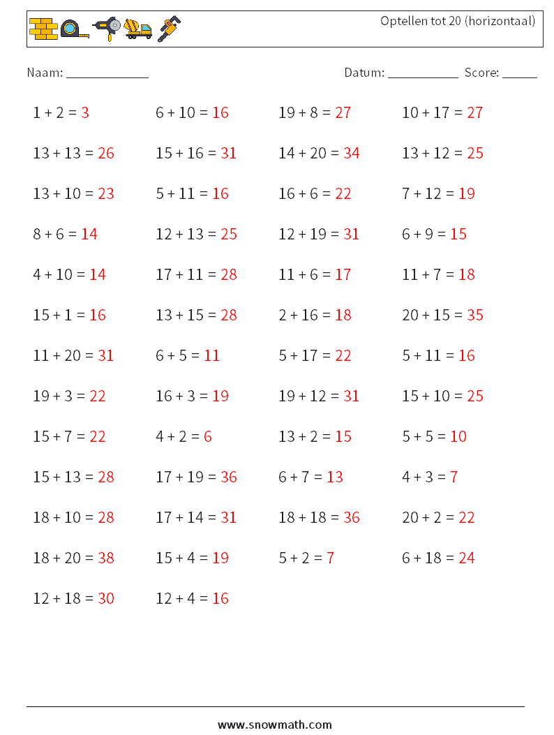 (50) Optellen tot 20 (horizontaal) Wiskundige werkbladen 3 Vraag, Antwoord