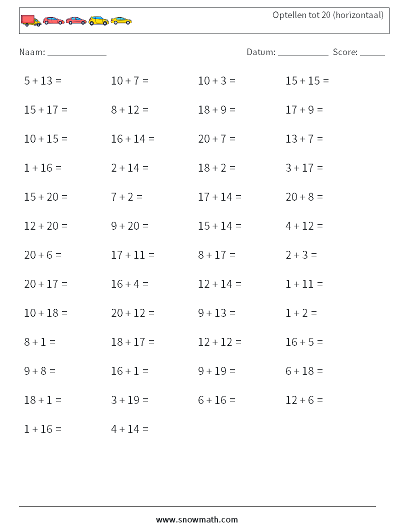 (50) Optellen tot 20 (horizontaal) Wiskundige werkbladen 4