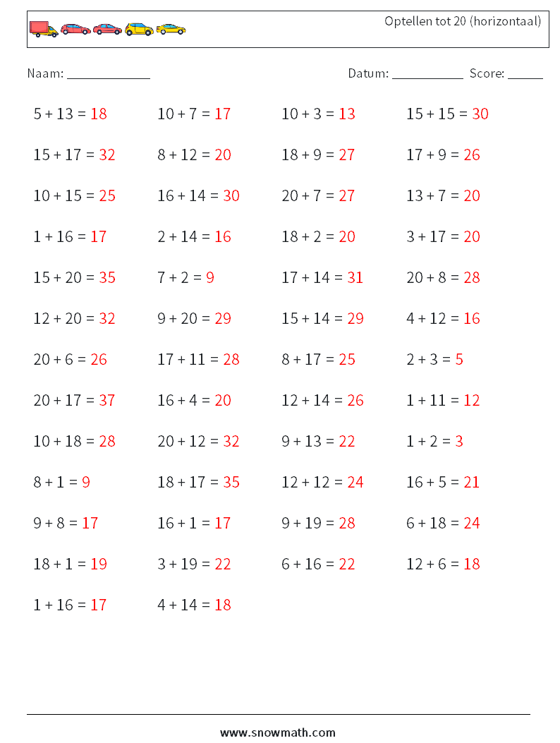 (50) Optellen tot 20 (horizontaal) Wiskundige werkbladen 4 Vraag, Antwoord