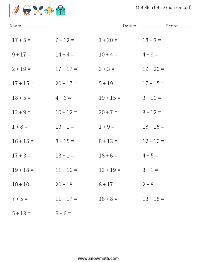 (50) Optellen tot 20 (horizontaal) Wiskundige werkbladen 5
