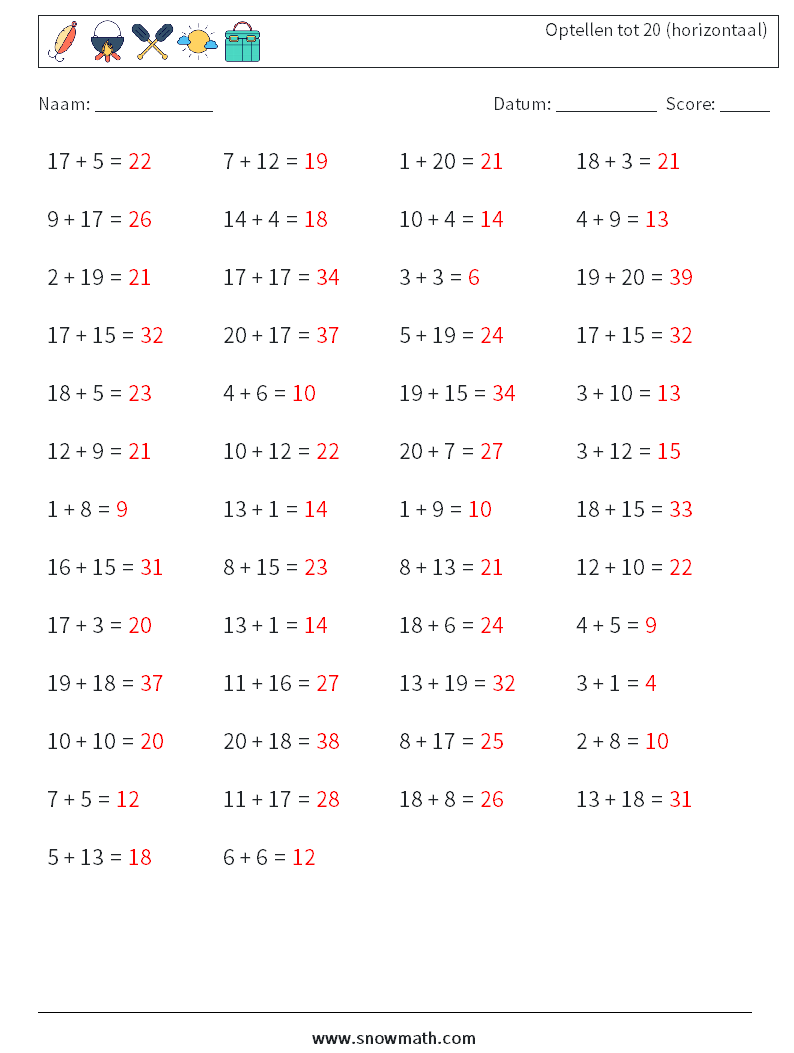 (50) Optellen tot 20 (horizontaal) Wiskundige werkbladen 5 Vraag, Antwoord