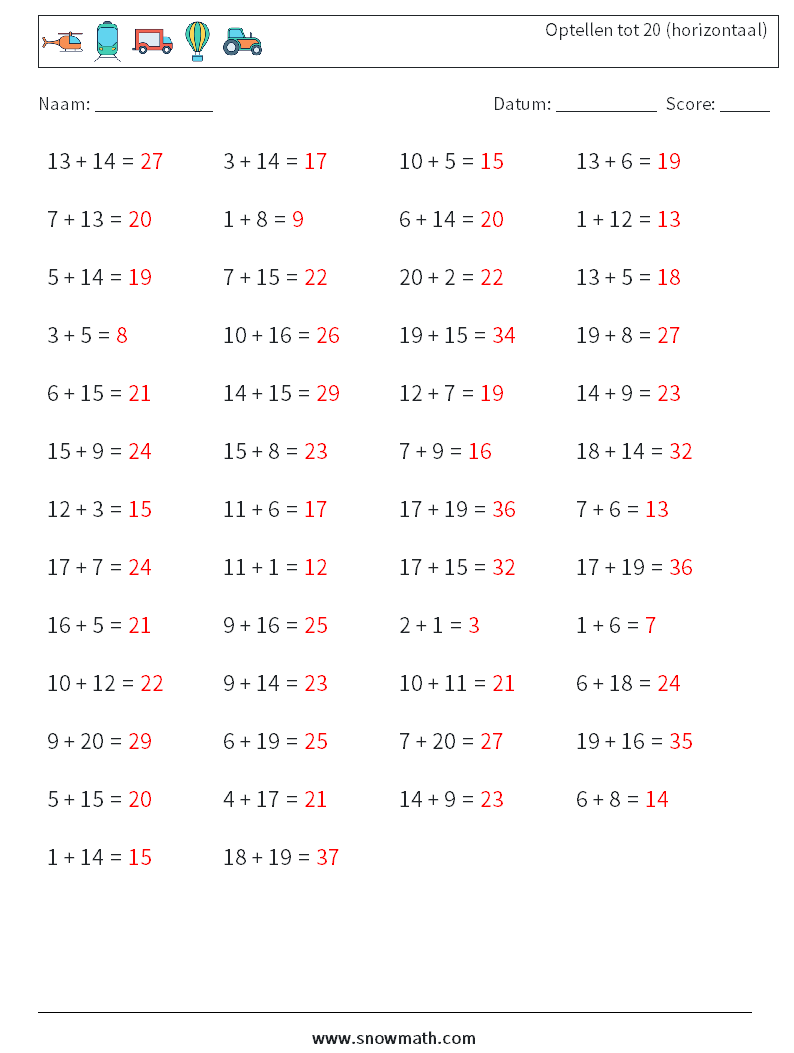 (50) Optellen tot 20 (horizontaal) Wiskundige werkbladen 6 Vraag, Antwoord