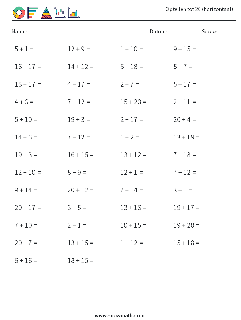 (50) Optellen tot 20 (horizontaal) Wiskundige werkbladen 7
